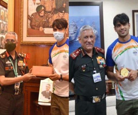 सीडीएस जनरल रावत और सेना प्रमुख नरवणे से मिले नीरज चोपड़ा, दोनों ने दी टोक्यो ओलिंपिक में गोल्ड की बधाई