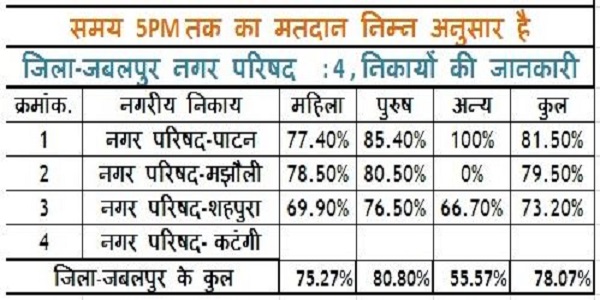 जबलपुर में निकाय चुनाव के दूसरे चरण में 78.07 प्रतिशत मतदान, पाटन मेंं सर्वाधिक 81.50 प्रतिशत मतदान