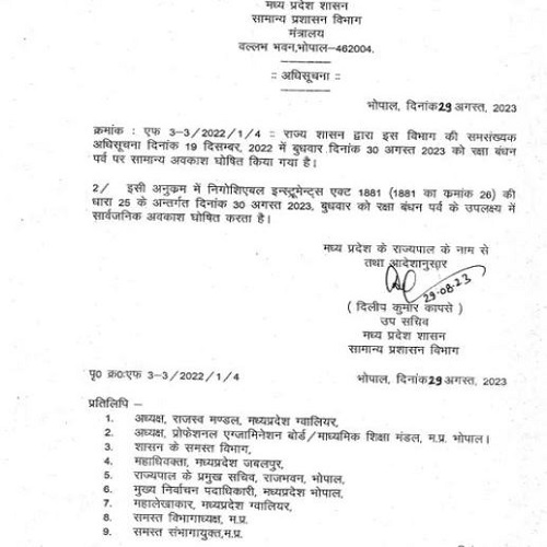 एमपी में 30 अगस्त रक्षाबंधन पर पहली बार बैंक-बीमा, ट्रेजरी में अवकाश घोषित