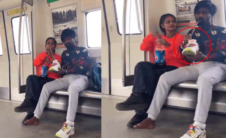 OMG: दिल्ली मेट्रो में कपल की गंदी हरकत, जूते में कोल्ड ड्रिंक डाल दोनों ने मजे से पी