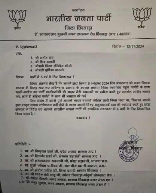 MP : भाजपा के 2 पार्षद 6 साल के लिए निष्कासित, अविश्वास प्रस्ताव के BJP कार्यालय में की थी अभद्रता