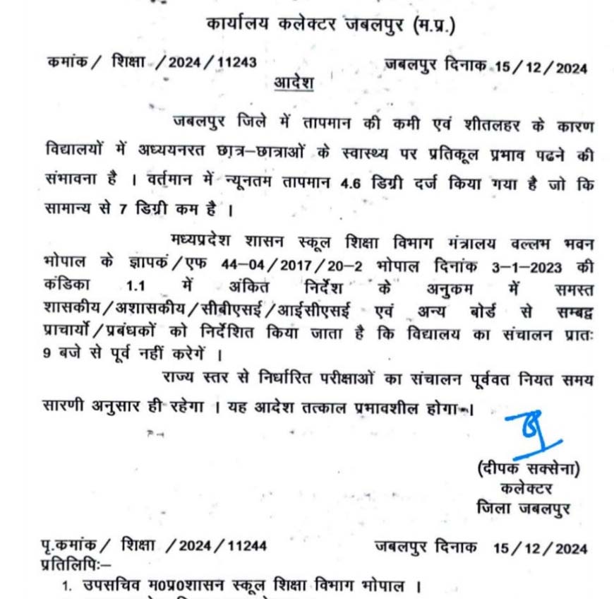 जबलपुर : शीत लहर से गिरा तापमान, कलेक्टर ने 9 बजे से पहले स्कूल नहीं खोलने के दिये निर्देश