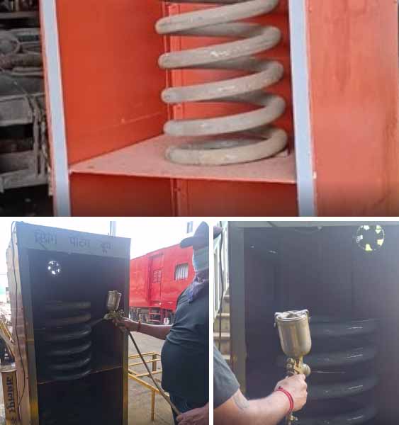 रेल कोचिंग डिपो में पेंट के कणों को, वातावरण में फैलने से रोकने के बनायी गयी स्प्रिंग पेंटिंग बूथ