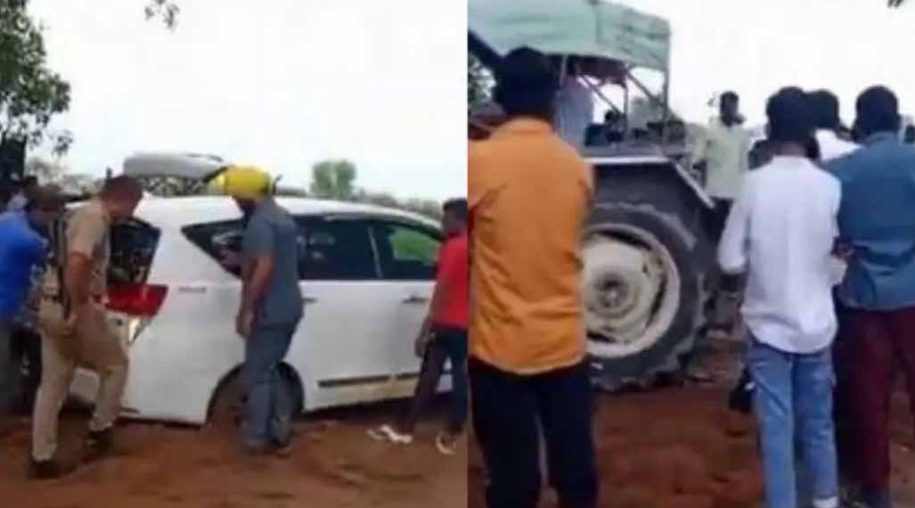 यूपी : केंद्रीय मंत्री के काफिले की गाड़ी कीचड़ में फंसी, धक्का देकर, टैक्टर से खींचकर निकालनी पड़ी