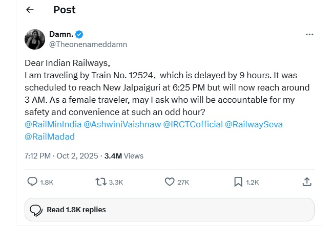 अकेली यात्रा कर रही महिला ने 9 घंटे की ट्रेन देरी पर भारतीय रेलवे पर जताई कड़ी नाराजगी , सोशल मीडिया पर उठाए सवाल