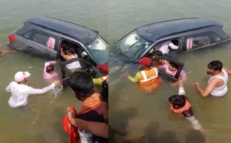एमपी के शिवपुरी में डैम में गिरी कार, पति-पत्नी व दो बच्चों को लोगों ने जान पर खेलकर बचाया