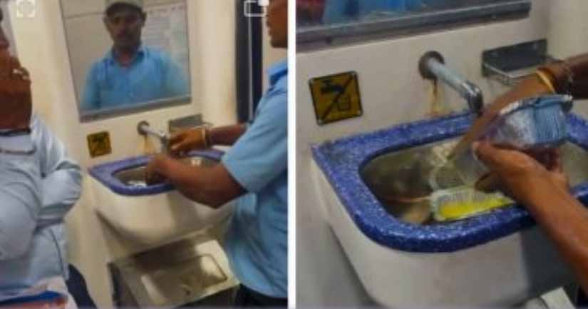 अमृत भारत एक्सप्रेस में जूठे डिब्बों को धोकर फिर से उपयोग
