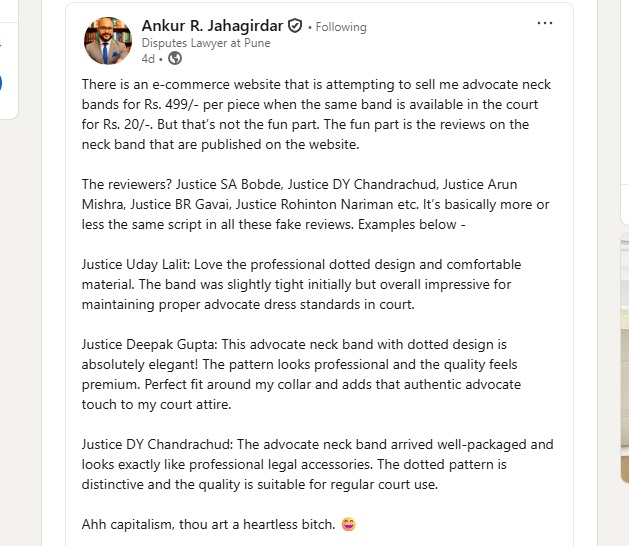 जजों, वकीलों और नेताओं के नाम पर फर्जी रिव्यू एक वेबसाइट पर अत्यधिक महंगा नेकबैंड बेचने का गोरखधंधा