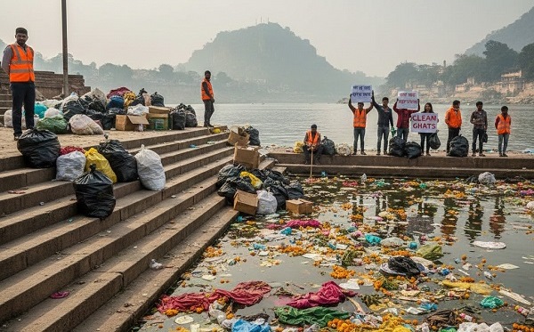 मकर संक्रांति के बाद नर्मदा घाट गंदगी में डूबे, सोशल मीडिया पर नागरिकों का सवाल और गुस्सा
