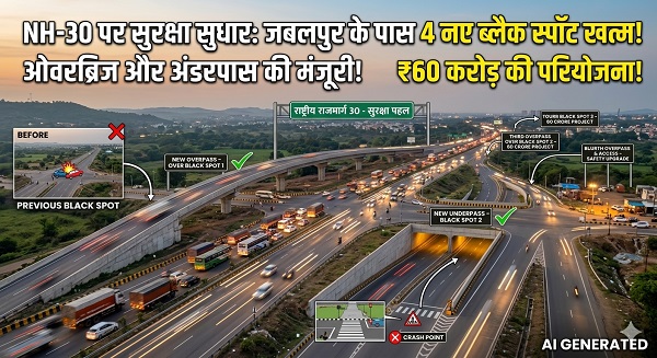 NH 30 पर हादसों को रोकने के लिए NHAI का बड़ा फैसला जबलपुर के पास 4 ब्लैक स्पॉट पर बनेंगे ओवरब्रिज और अंडरपास
