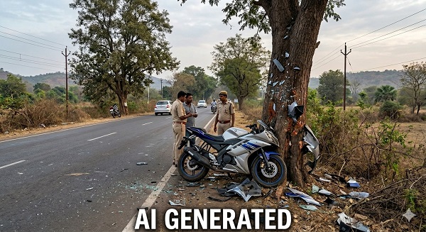 मोटरसाइकिल सवार युवक उछलकर जमीन से लगभग 7 फीट ऊपर सीधे पेड़ के तने से टकराया