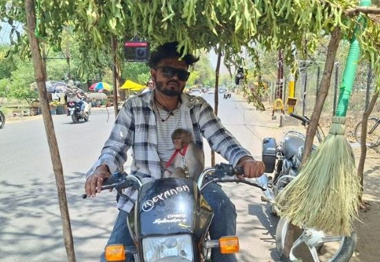 जबलपुर में भीषण गर्मी से बचने अनोखा उपाय, मोटर साइकल पर बनाई हरे पत्तों की छत