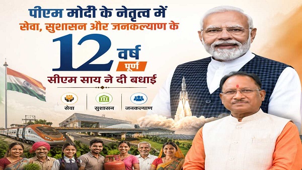 प्रधानमंत्री मोदी के 12 साल पूरे: मुख्यमंत्री साय ने दी बधाई, कहा- छत्तीसगढ़ के विकास को मिली नई दिशा