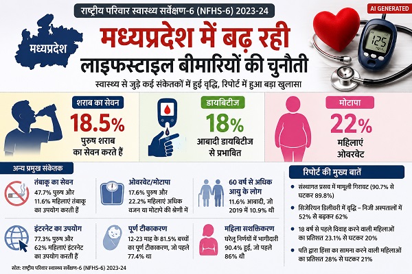 मध्यप्रदेश में 18.5% पुरुष शराब पीते हैं, 18% डायबिटीज के शिकार, 22% महिलाएं ओवरवेट