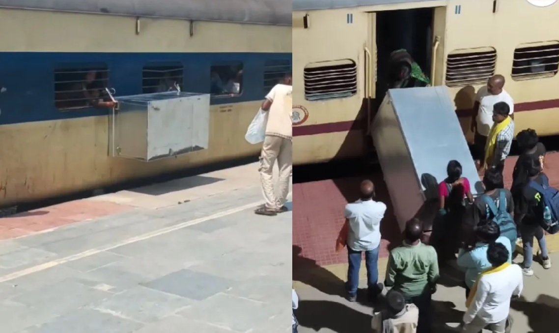 चलती ट्रेन की खिड़की से लटका दिया भारी-भरकम ट्रंक, वीडियो वायरल हुआ तो रेलवे ने ये कहा