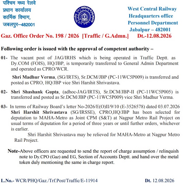 सीडीसीएम डा. मधुर वर्मा बने पमरे के सीपीआरओ, हर्षित श्रीवास्तव का नागपुर मेट्रो गये, शशांक गुप्ता होंगे रेल मंडल के Sr.DCM